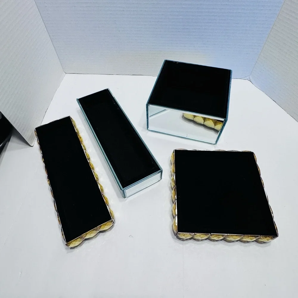 Z Gallerie Stella Lot 2 Gold Studded Jewelry Trinket Box Mirror Textured Square